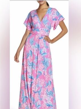 Lilly Pulitzer Pink Floral Maxi Dress with Blue Leaf Print
